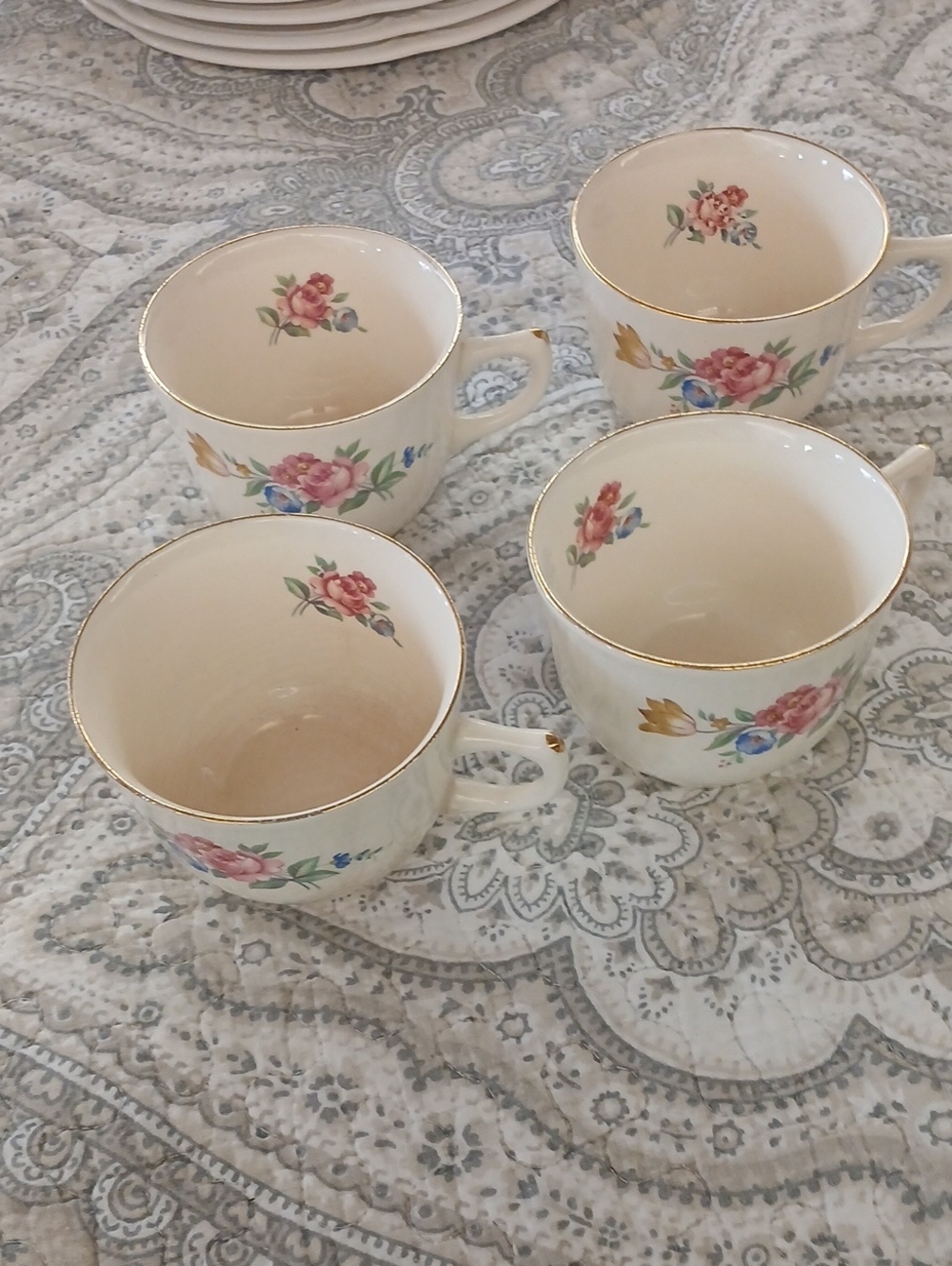 Floral Gold-Rim Porcelain Teacup Set - Cream with Pink Rose Accents